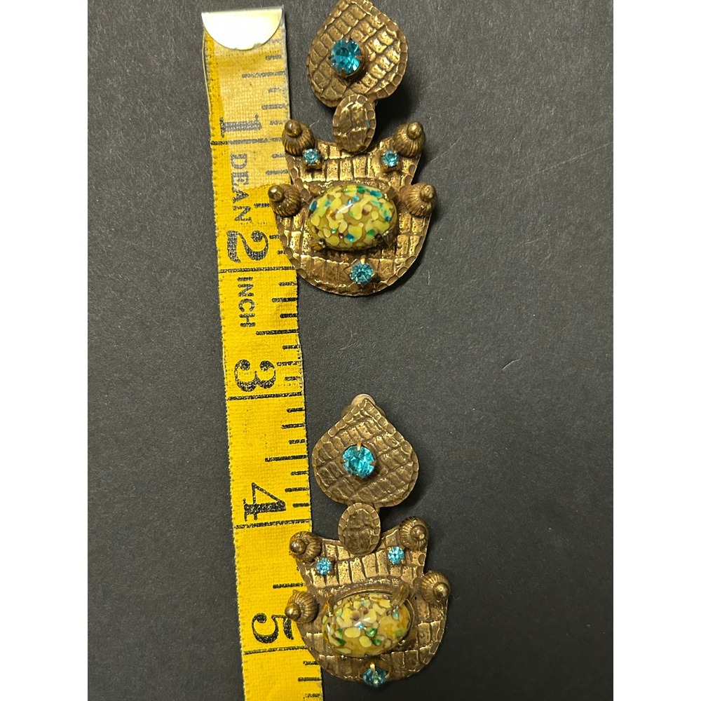 Vintage Jewelry Gold Blue Confetti Glass Bib Necklace Earring Set Brutalist RARE - Picture 7 of 8